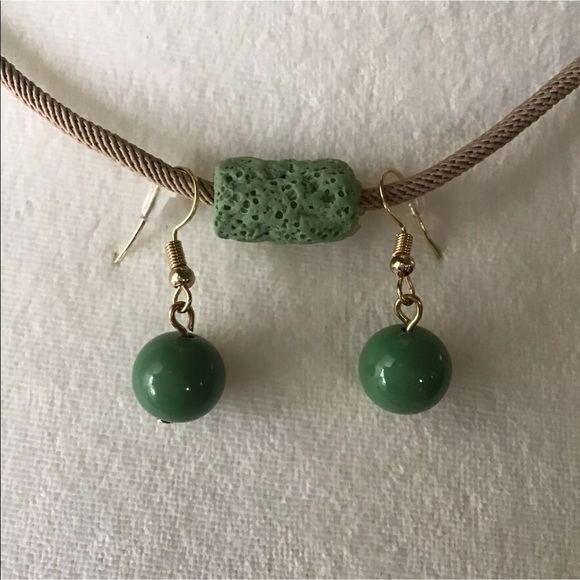 LAST 1! NEW Lava Bead Necklace & Earring SET Green Blue Gold Tube Beads on Cord - Picture 3 of 10